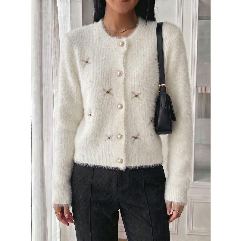 TIFICY Women's Fashion Casual Fall Winter Flower Pattern Print Long Sleeve O-Neck Sweaters