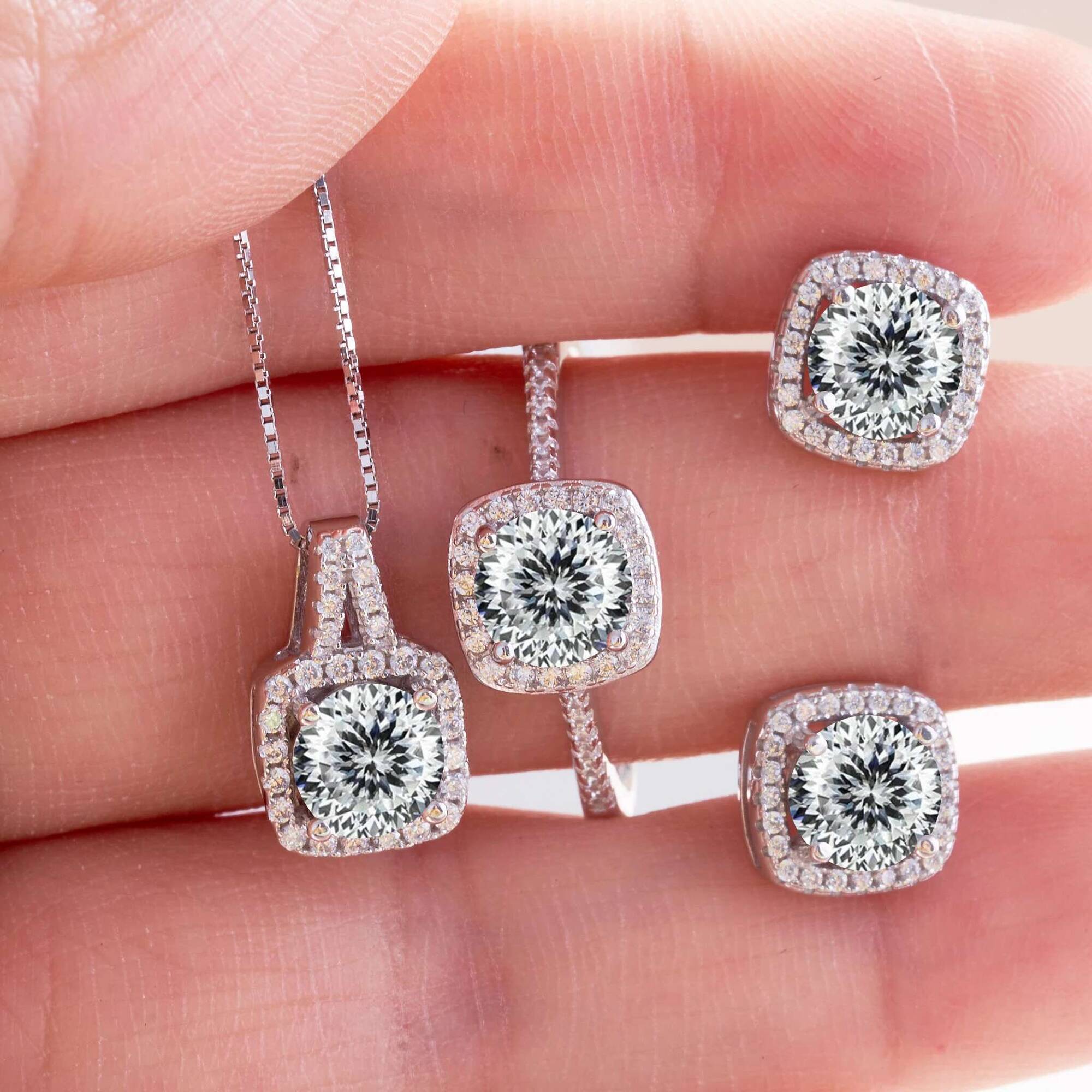 

Женский комплект ювелирных изделий из стерлингового серебра 925 пробы с круглым муассанитом цвета D, настоящее ожерелье из серебра 925 пробы и серьги-гвоздики для женщин, изящные ювелирные изделия 9&45cm