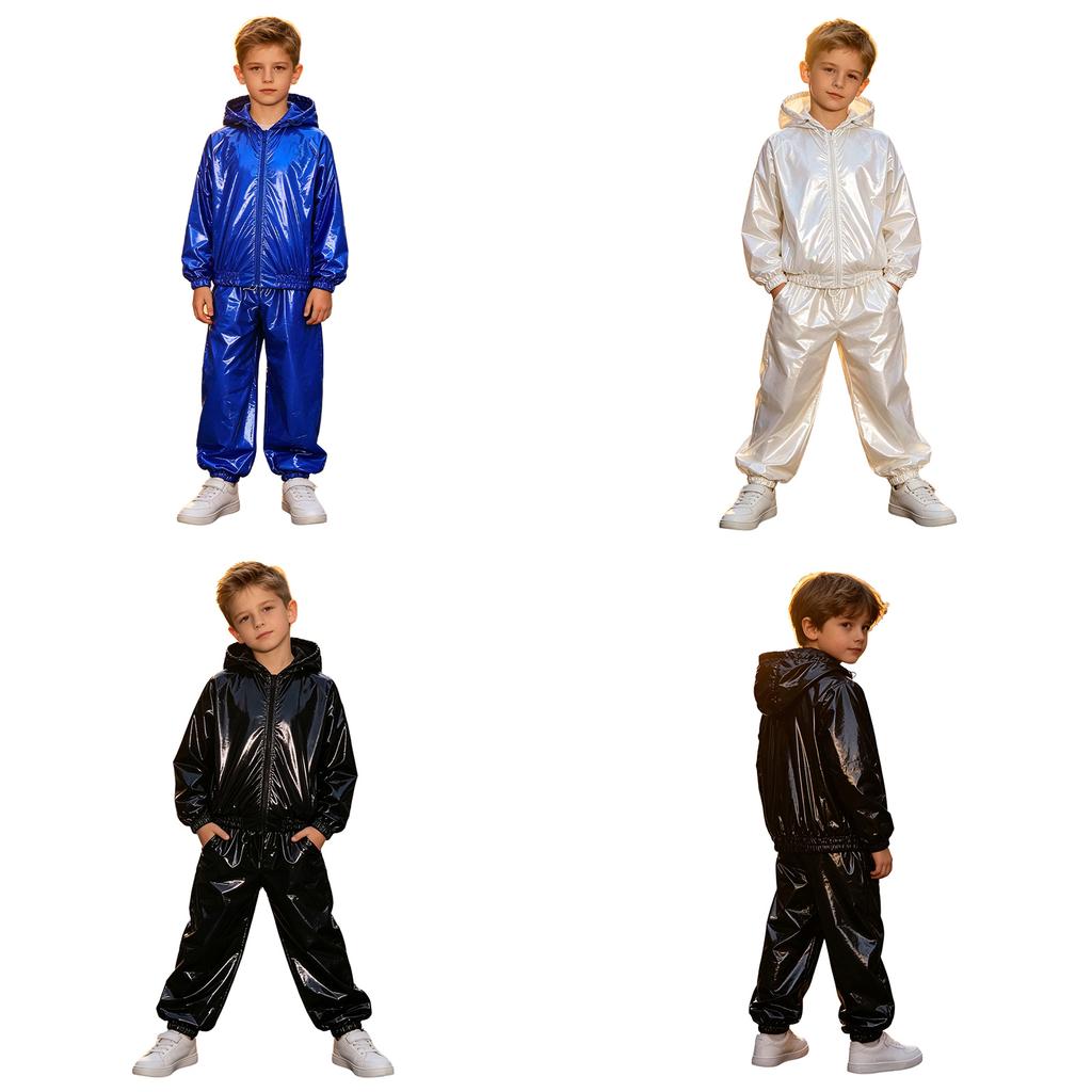 Kids Water Resistant Outfit Long Sleeve Front Zipper Drawstring Hooded Jacket Elastic Waistband Jogger Pants