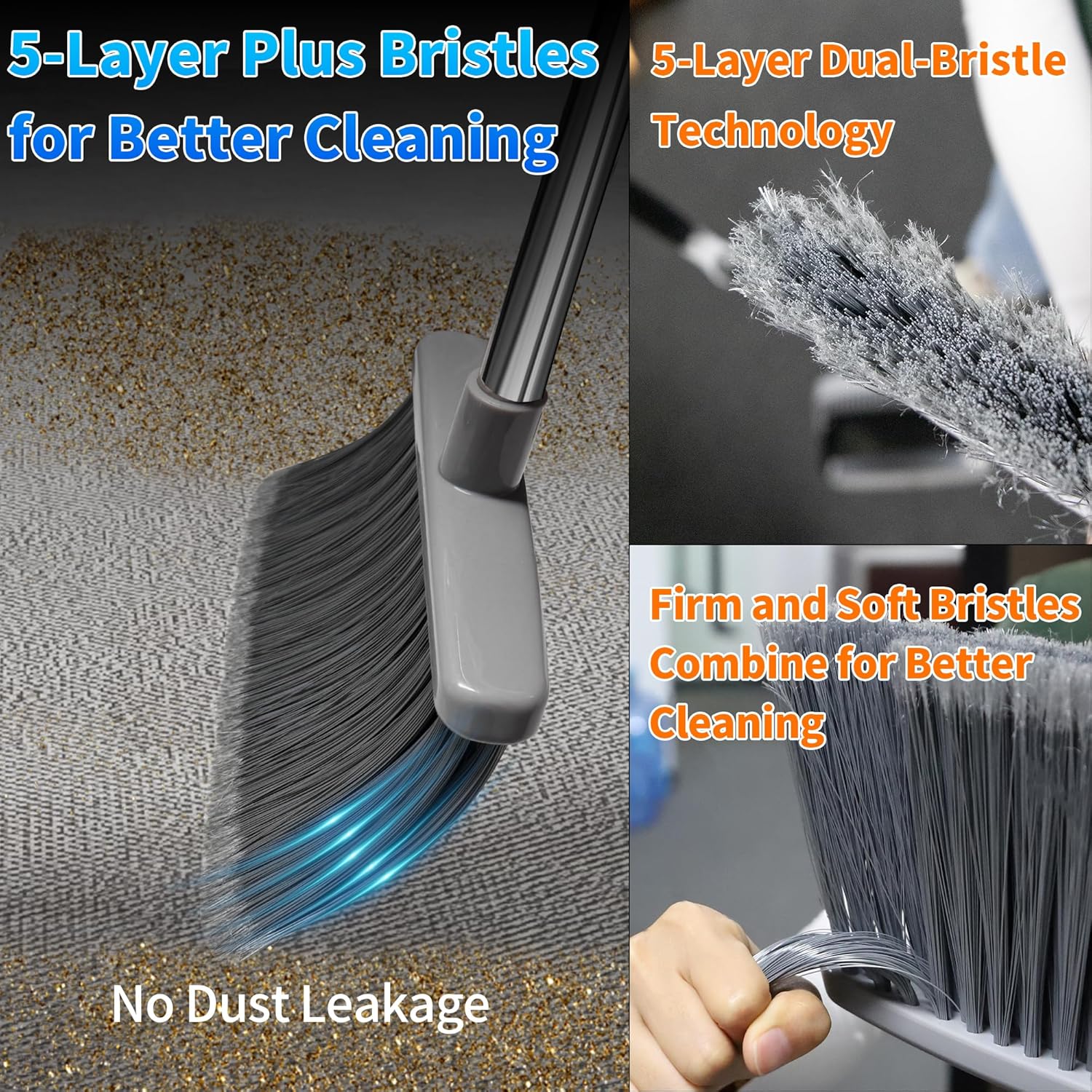 Broom with Dustpan Combo Set Broom and Dustpan Set Dust Pan with 51.2  Stainless Steel Long Handle, Brooms with 5-Layer Plus Firm and Soft Bristles