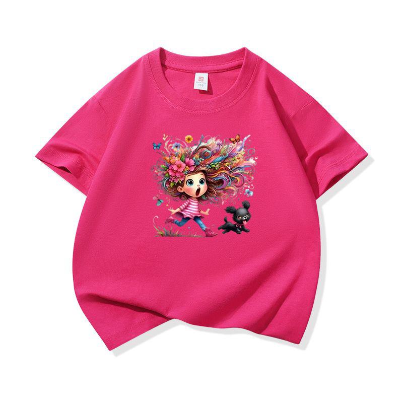 Kids Cotton T Shirt Colorful Hair Girl Running With Black Puppy Print Crew Neck Short Sleeve Tee Casual Boys Girls Summer Tops
