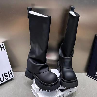 Жіночі високі чоботи на платформі Дизайнерські черевики на середньому підборі Мотоциклетні черевики Модне зимове шкіряне взуття Тренд 2024 року Гладіатори Femme Chaussures