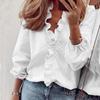 New European & American Style Women's Casual Solid Color Long Sleeve Ruffle Trim V-neck Blouse Top