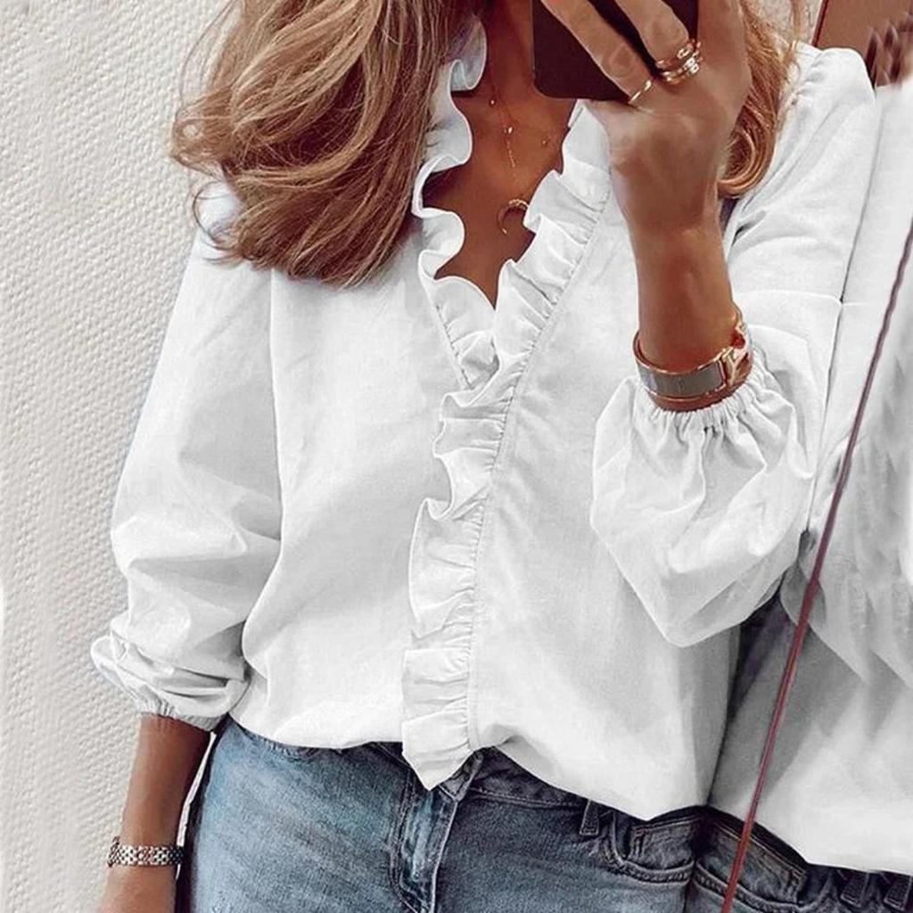 New European & American Style Women's Casual Solid Color Long Sleeve Ruffle Trim V-neck Blouse Top