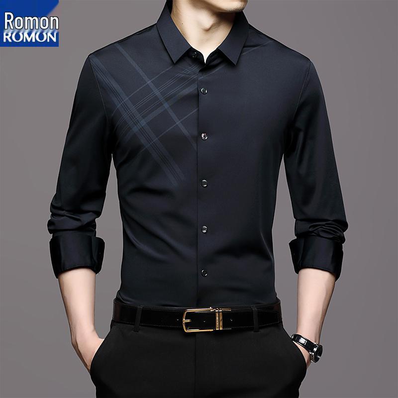 Romon Herren Maulbeerseide Langarm Nahtloses Knitterfreies Business Casual Hemd