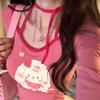 2KWEIRD Sweet Cartoon Print Pleated T-shirt Y2k Aesthetic Asymmetry Fairy Grunge Tshirt Vintage Patchwork Halter Top Harajuku Streetwear
