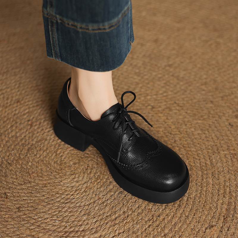 Krazing Pot Sheepskin Autumn Winter Shoes Chunky Heels Size 43 Size 42 Round Toe Lace Up Deep Mouth Pumps
