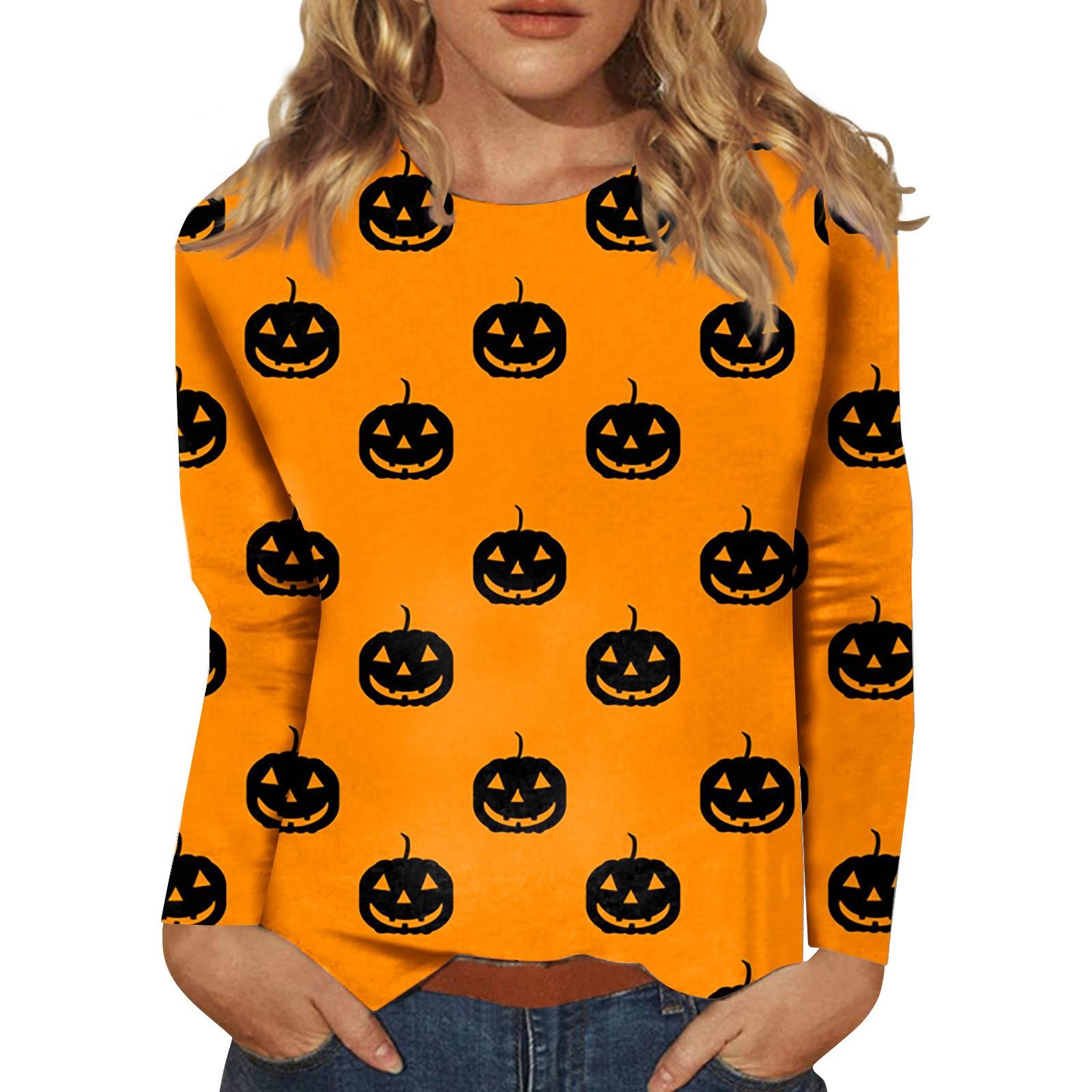 

Женский модный повседневный топ с длинным рукавом в полоску на Хэллоуин и круглым вырезом с принтом M оранжевый