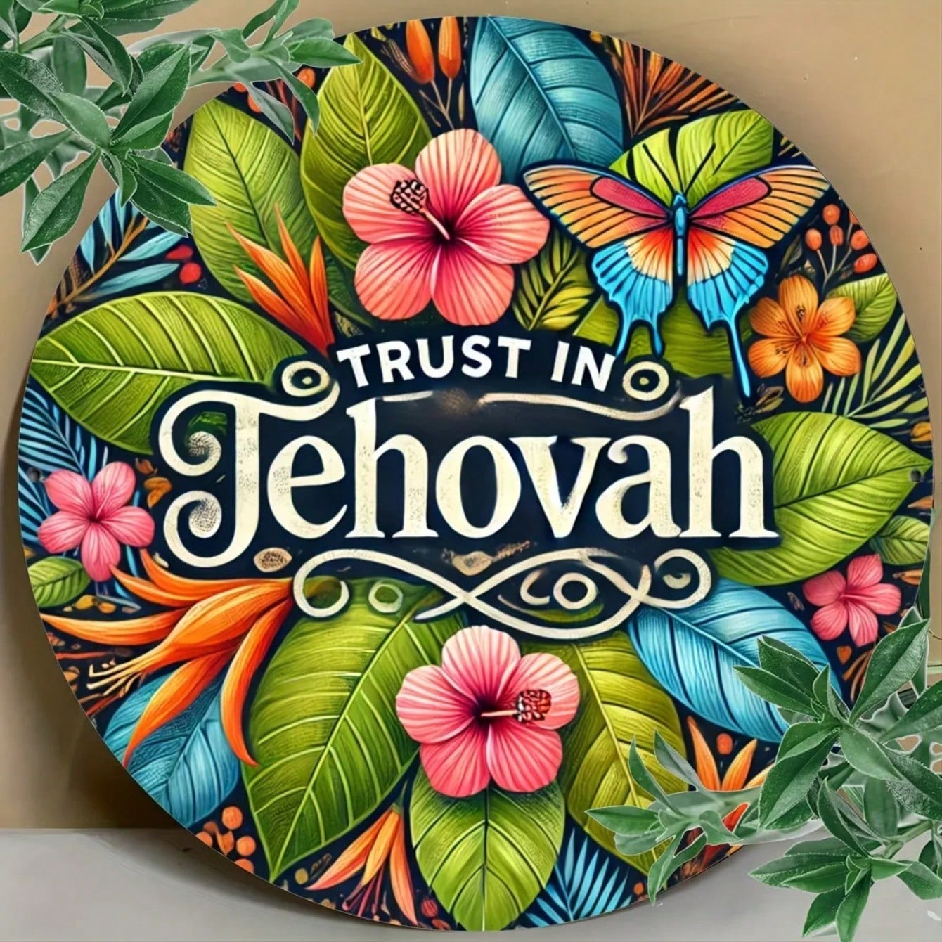 Antique Floral Metal Wall Art Jehovah Religious Plaque Vintage Tin Sign 20x20