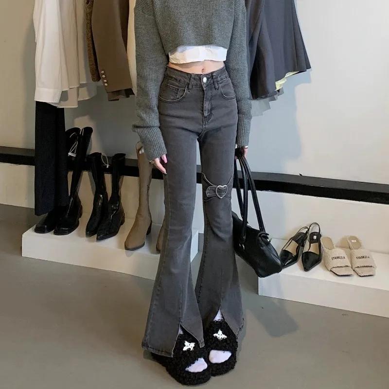 

Женская одежда Джинсы Bootcut с высокой талией Стильные Джинсовые Брюки с Вырезом-Сердечком и Разрезом по Подолу Корейские Узкие Модные Винтажные Брюки Новые S чёрный