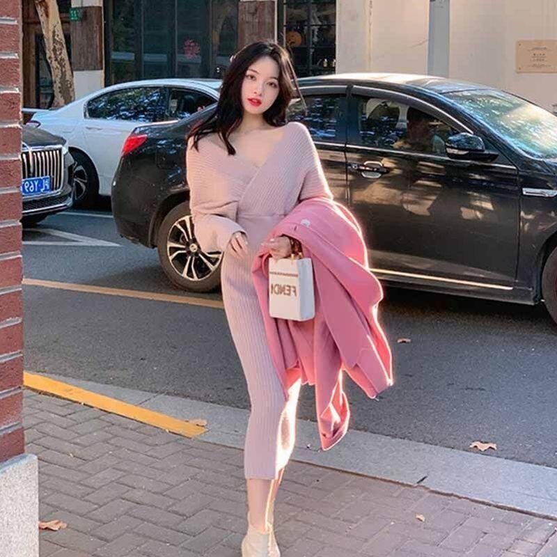 Pulover pulover toamna 2022 casual cu decolteu in V Pulover lung peste genunchi Pulover tricotat toamna si iarna topuri feminine