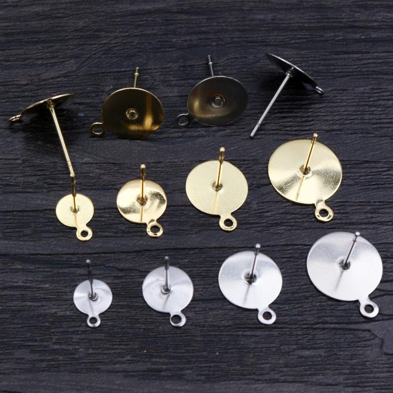 50-100pcs/lot No Fade Stainless Steel Gold Color Blank Earring Stud Fit 4 5 6 8 10 12mm Cabochon Cameo Settings Accessories DIY