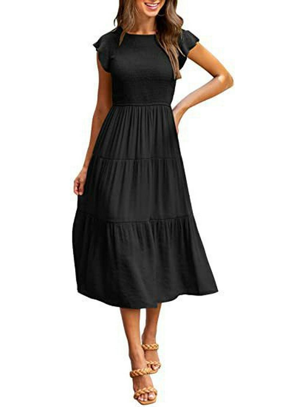 

2025 Women s Puff Sleeve Smocked Short Sleeve Solid Color Dress M чорний