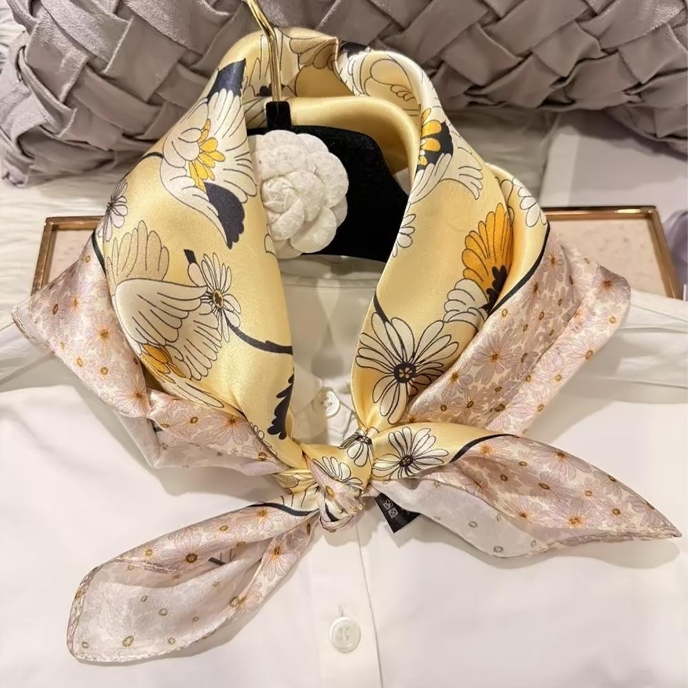 green Women 100% Mulberry Silk Scarf For Hair Headscarf Spring Fall Elegant Floral Small Silk Square Neck Scarves Neckerchief