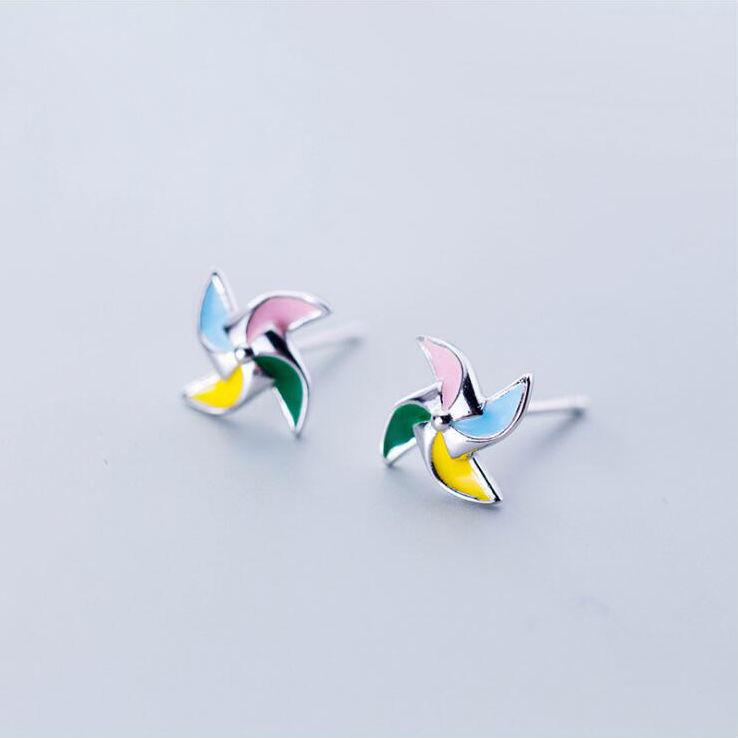

S925 Silver Colorful Windmill Stud Earrings - Xiao Zhan Inspired, Simple & Cute.