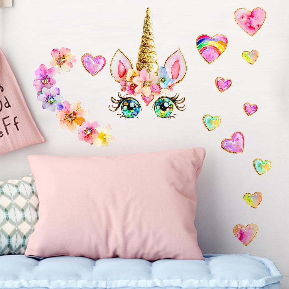 Cartoon Unicorn with Heart Wall Sticker Magical Sweet Self-Adhesive Decor for Children's Bedroom Living Room Kids Room