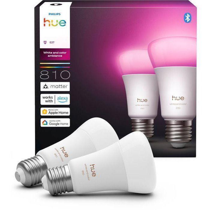 Pack de 2 ampoules LED connectées A60 - PHILIPS HUE - Lumière blanche et colorée - Culot E27 - 6W - 1000-2000k - 810 lumens