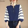 ZANZEA Damen Lässige V-Ausschnitt Streifen Patchwork 3/4 Ärmel Bluse