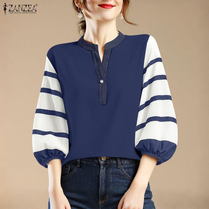 ZANZEA Damen Lässige V-Ausschnitt Streifen Patchwork 3/4 Ärmel Bluse