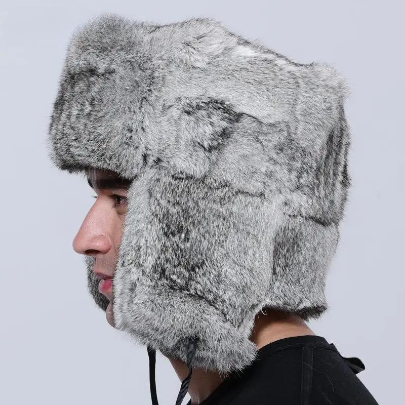 New Men's Winter Bomber Hat Thick Warm Rabbit Fur Trapper Ushanka Russia Style Ear Flap Cap for Cold Weather