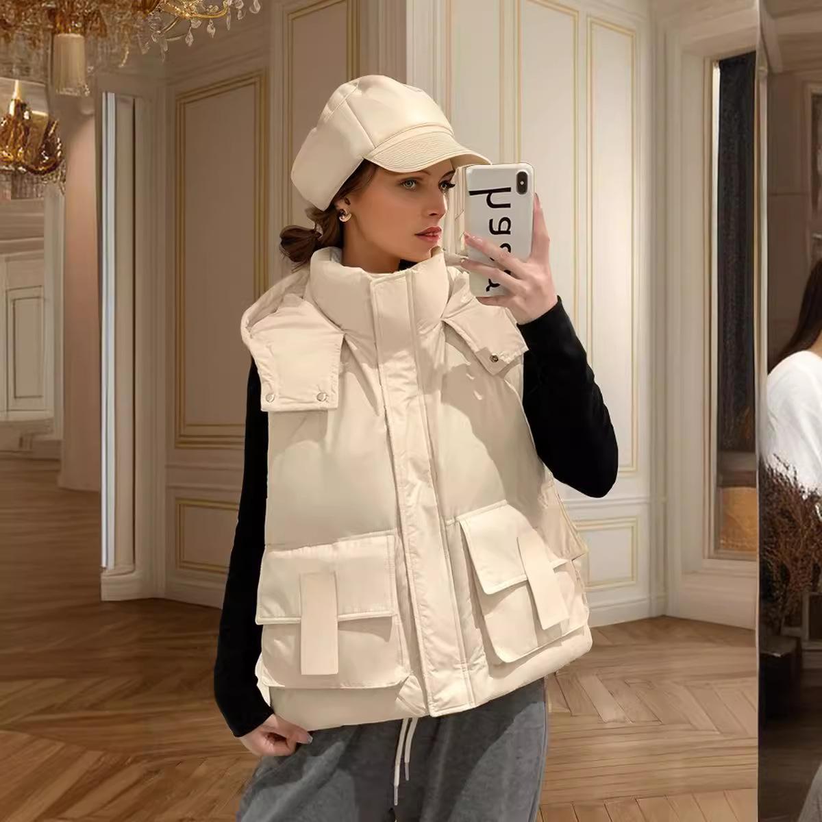 

GMXIA Женские винтажные повседневные однотонные принтованные куртки и пальто без рукавов с капюшоном на осень-зиму XXL белый