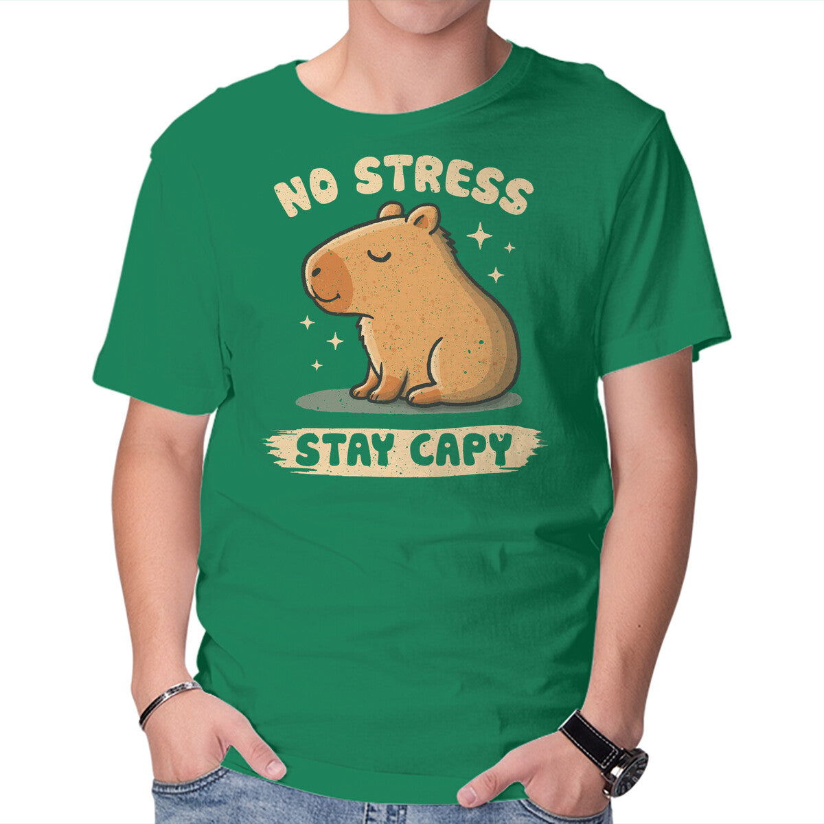 Unisex Crew Neck T-Shirt No Stress Stay Capy Graphic Short Sleeve Casual Tee XS