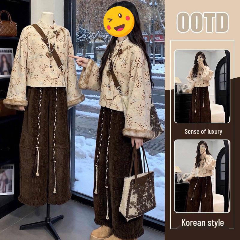 

2025 Winter Chinese Fashion Floral Coat with High-Waisted Casual Pants Two-Piece Set S [recommended 80-95 jin]