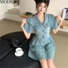MODIQUE Letnia Sukienka Koszulowa Plus Size Nowa Kobiety Luźna Zniszczona Słodka Jeansowa Sukienka Codzienne Damskie Sukienki POLO Krótki Rękaw Niebieska Otwarty Ścieg