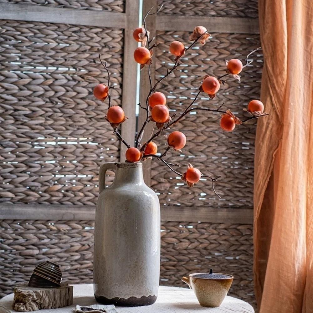 8 Heads Artificial Persimmon Branch Realistic Plastic Simulation Persimmon Fruit Handmade Elegant Fake Plants Spring Festival