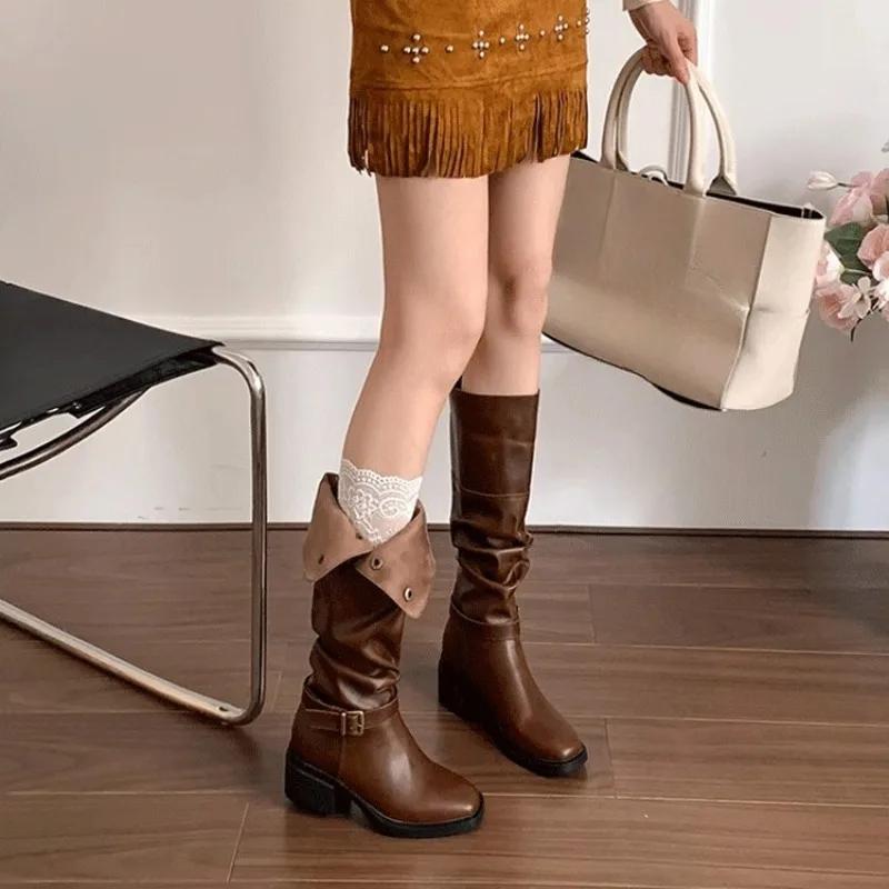 Fashion Block Heel Fold Retro Pleated Women 2025 Autumn and Winter New Block Heel Long Tube Knight Boots