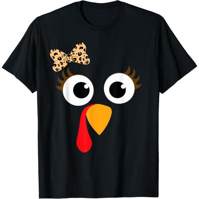 Truthahn Gesicht Mädchen Leopard Schleife Erntedank Kostüm Truthahn T-Shirt
