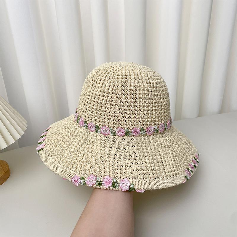 Flower sun hat women's summer versatile idyllic hollow straw bucket hat big eaves beach hat