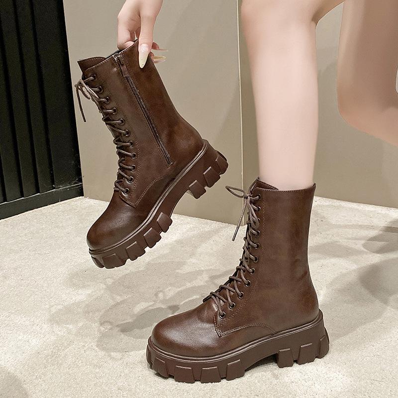 Muffin thick-soled large-size Martin boots women's 2026 autumn and winter new medium boots British wind side zipper thick-heeled locomotive boots