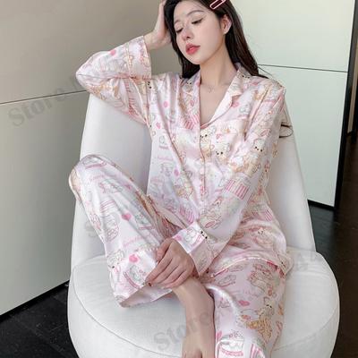 Pyžamo Jaro Podzim Hedvábný Satén 2KS Košile Kalhoty Oblek Potisk Ležérní Noční Prádlo Ženy Sexy Volné Domácí Oblečení Loungewear