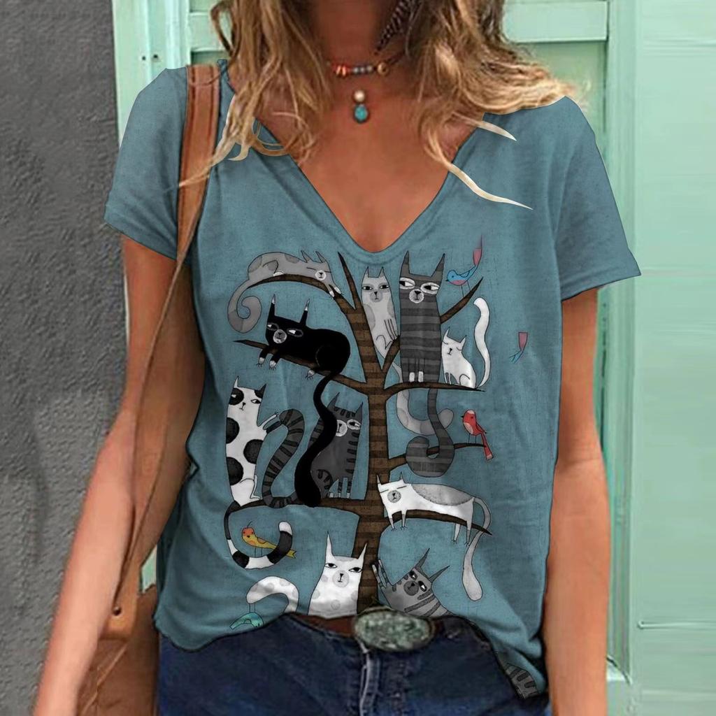 Summer Cat 3D Printed V-neck Short Sleeved  Women's T-shirts