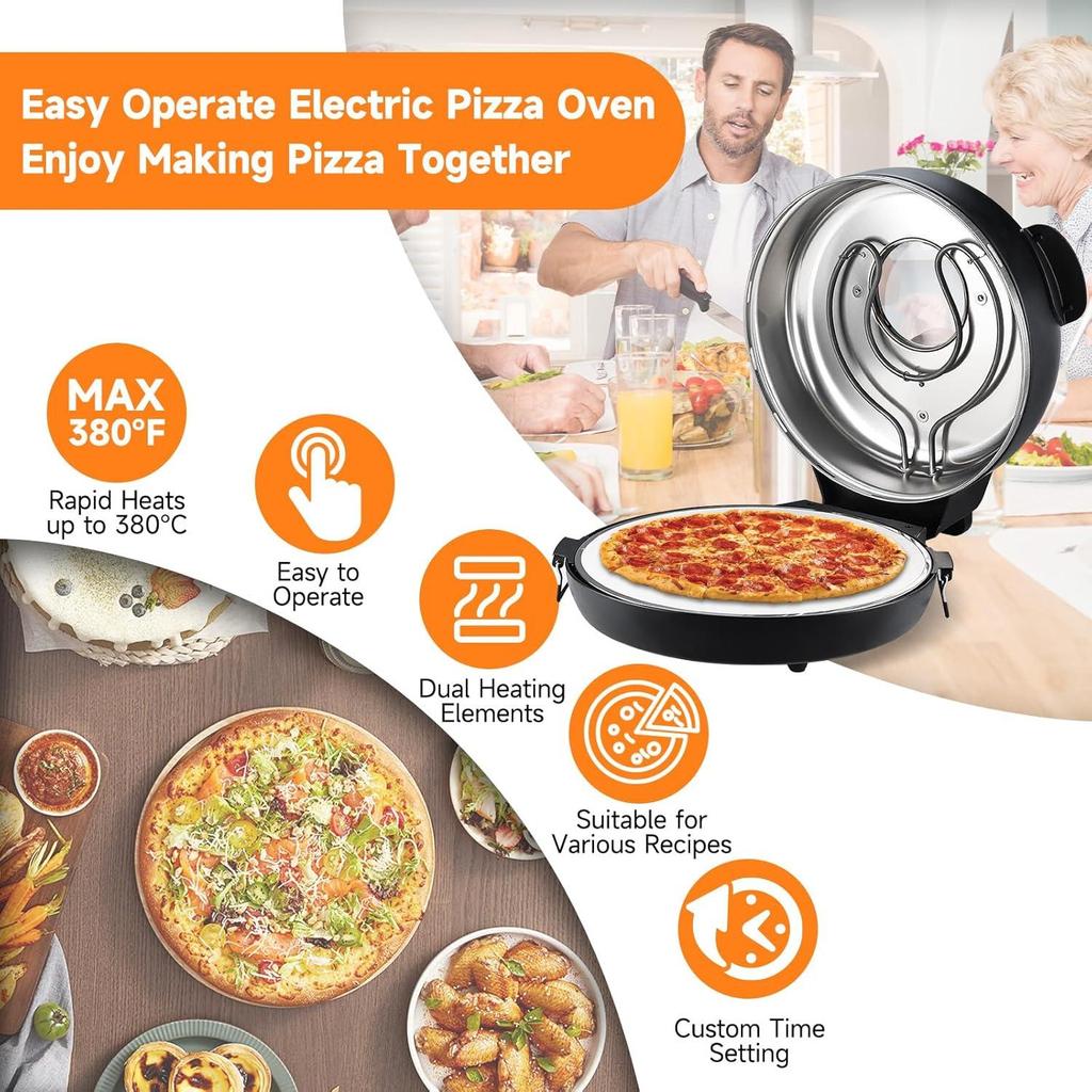 16-inch Pizza Oven, 1600W Countertop Pizza Machine, 420℃ Pizza Oven, Ceramic Stone Pizza Oven with Built-in Thermometer and Timer