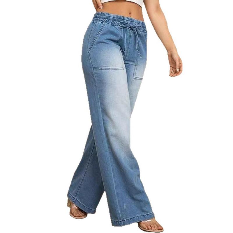 2026 Fall New Women's Denim Pants with Drawstring Elastic Waist, Straight-Leg Fashionable Wide-Leg Denim Trousers