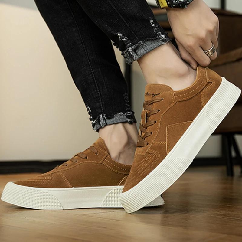 Mens Casual Shoes, Genuine Leather Mens Shoes, Lace-up Thick-soled Mens Sports Shoes, Breathable Lightweight Skate Shoes for Men