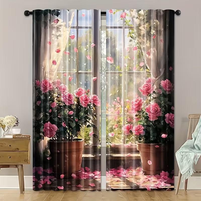 

2 Pcs Windowsill rose print curtains,suitable for bedroom,living room kitchen decoration,home decoration,window decoration 14Wx39L(35x100CM)x2&Rod Pocket