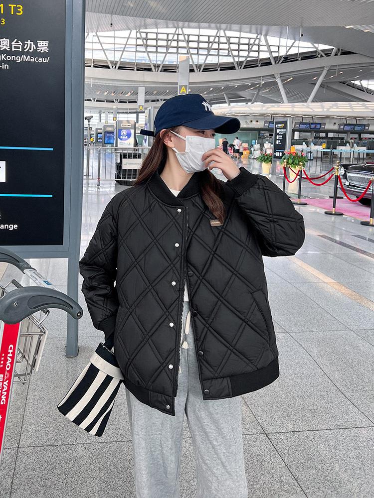 Short student jacket winter new rhombus plaid down  jacket women's loose baseball collar small  jacket