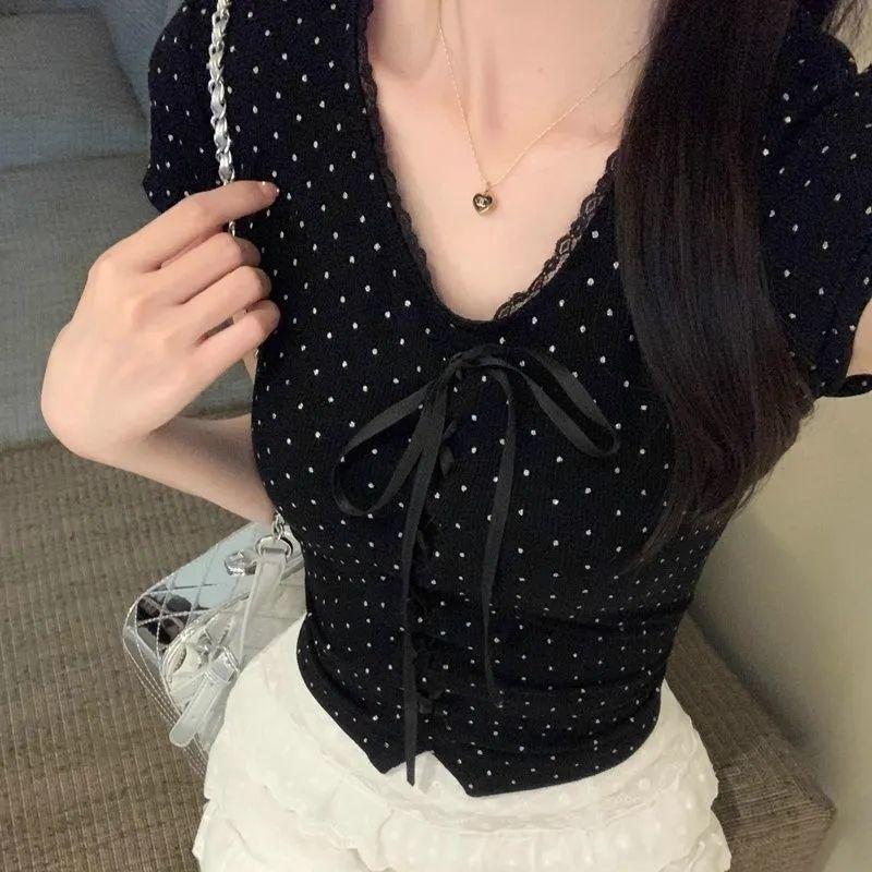 

Черные футболки для женщин, футболки с кружевным V-образным вырезом, с бандажным дизайном в горошек, сексуальные женские футболки, повседневные футболки для девушек XL чёрный