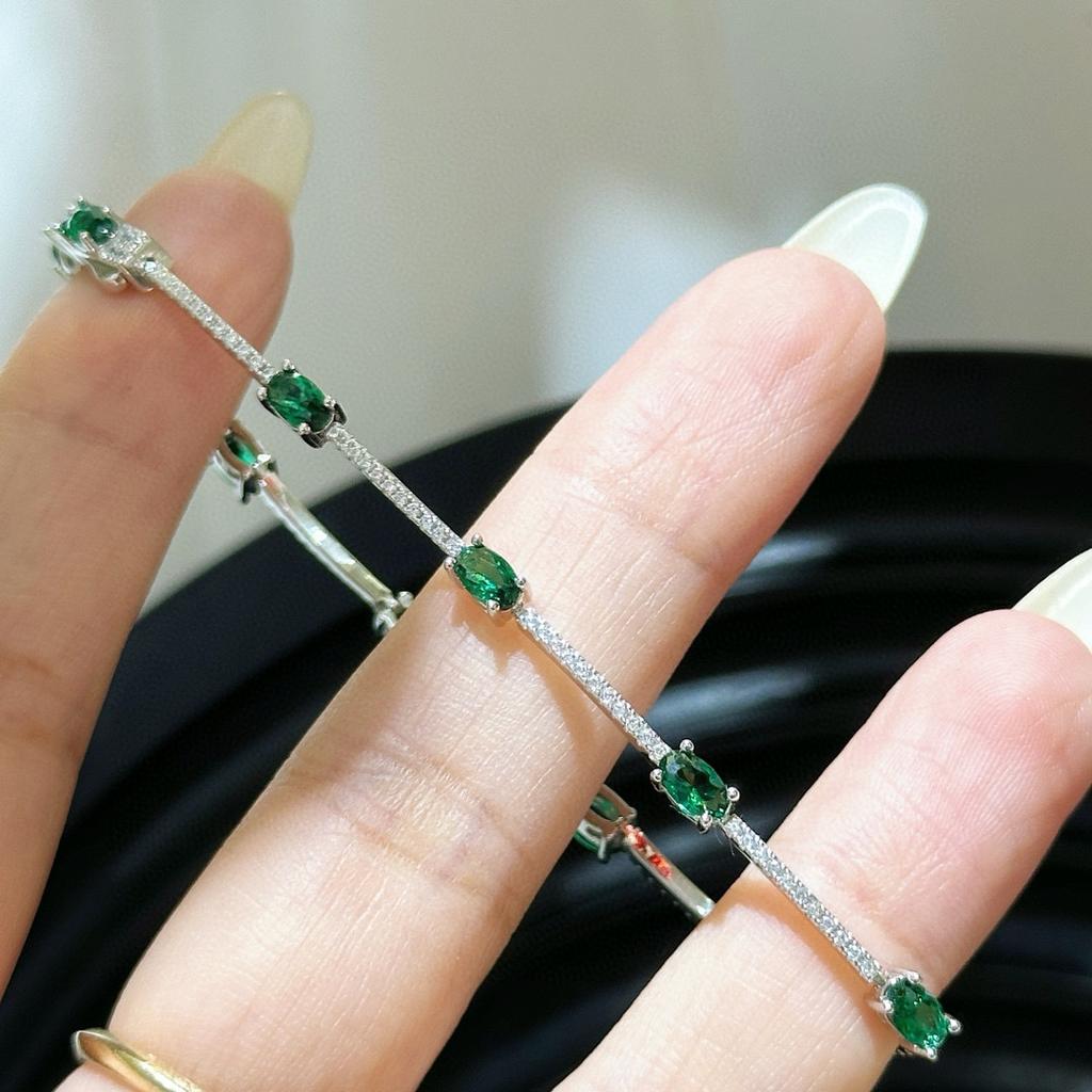 Nuovi Vintage 100% Puro Argento Sterling 925 17cm Pavé Zirconia 5a Pietra Preziosa Smeraldo Braccialetti Per Donne Lusso Gioielli Raffinati