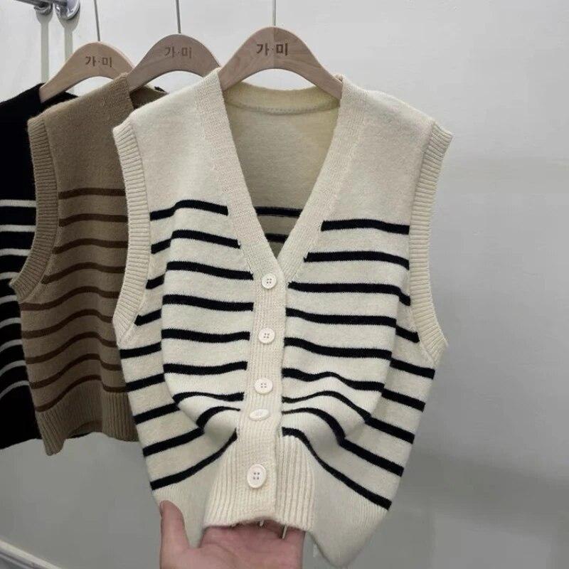 

Осенний корейский полосатый свитер без рукавов, жилет, женский вязаный кардиган, модные жилеты, свитер, повседневная зимняя одежда с v-образным вырезом 29050