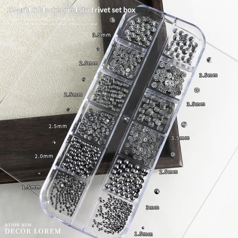 12 Grids Nails Art Metal Charms Punk-Inspired Nail Studs Accessories Mixed Silvery Black Style Nail Rivets Nail Decoration чёрный