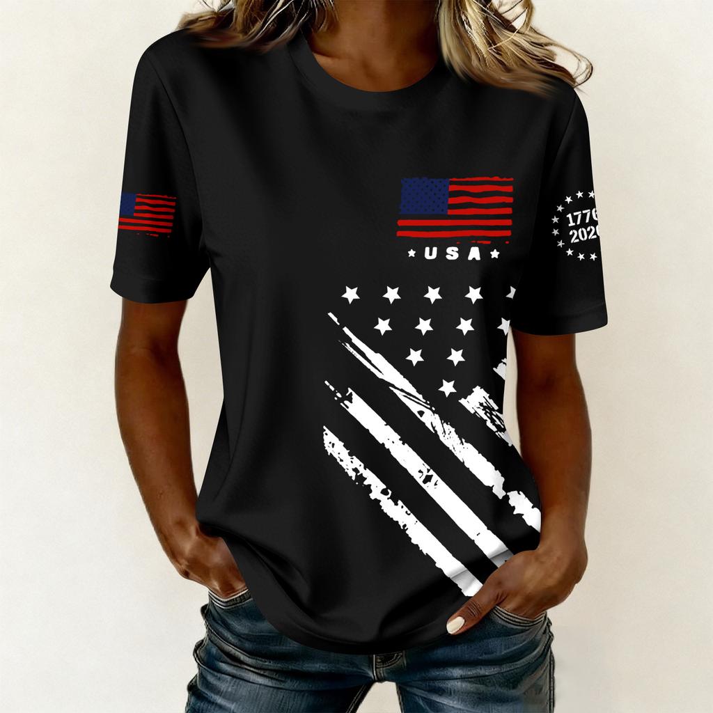 Women's Casual Printed T-Shirt Round Neck Pullover Short Sleeve Top