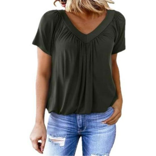 2025 V-Neck Raglan Sleeve Ruffled Casual T-shirt