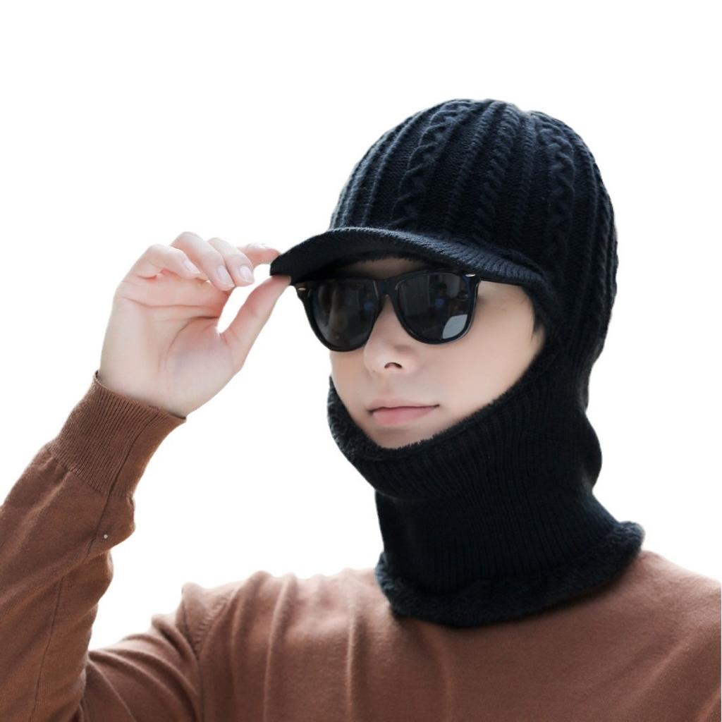 Men's Knitted Hat Autumn and Winter Outdoor Cycling Scarf Suit Cold Proof Woolen Hat Plus Velvet Warm Cold Hat for Men