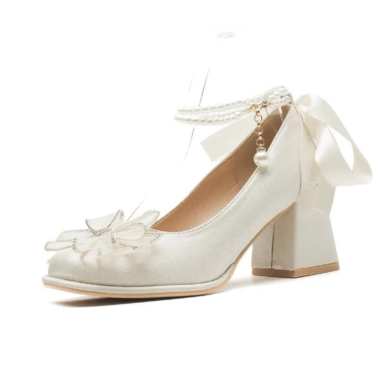 

Модные туфли цвета шампанского для женщин 2024 года, осень, новый стиль, модные, удобные, с жемчужной цепочкой, женские туфли-лодочки, элегантные, с бантом, свадебные туфли для невесты 36
