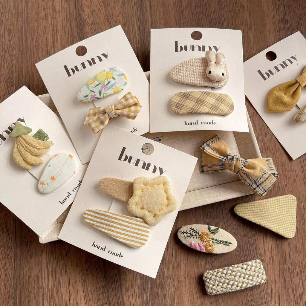 Korean Yellow Plaid Star Rabbit Embroidered Bow Hair Clip for Kids