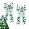 St Patricks Day Bow For Wreath 2X White Green Glitter Shamrock Bowknot Large Tree Topper Bows Irish Front Door Ornament
